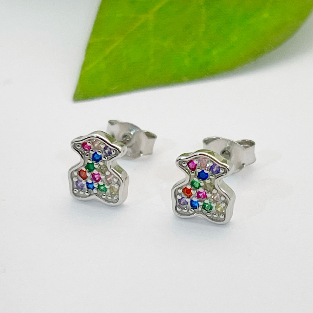 Aretes de Plata Oso Circonitas de Colores 7MM