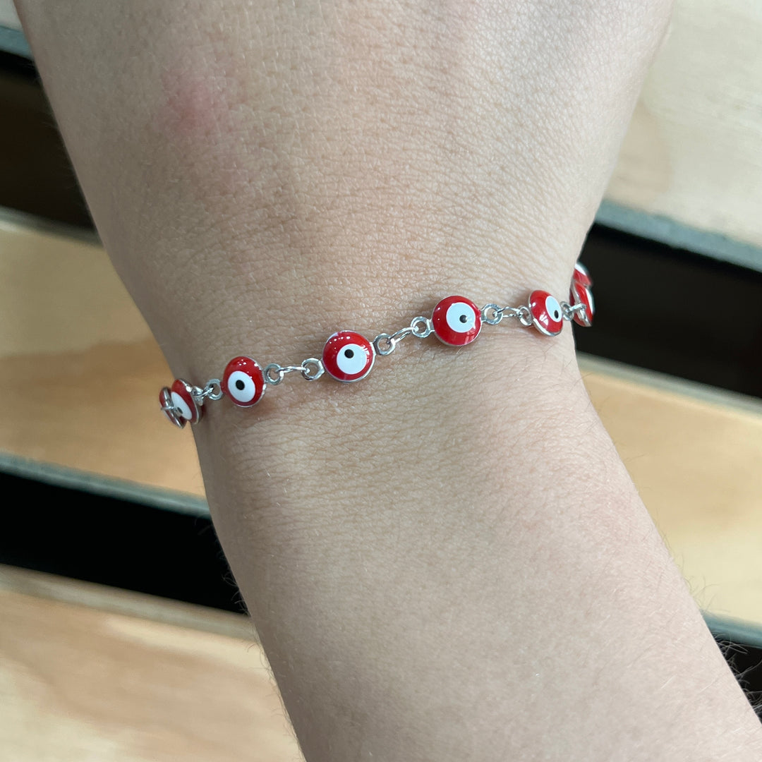 Pulsera Acero Ojo turco Rojo Plateado