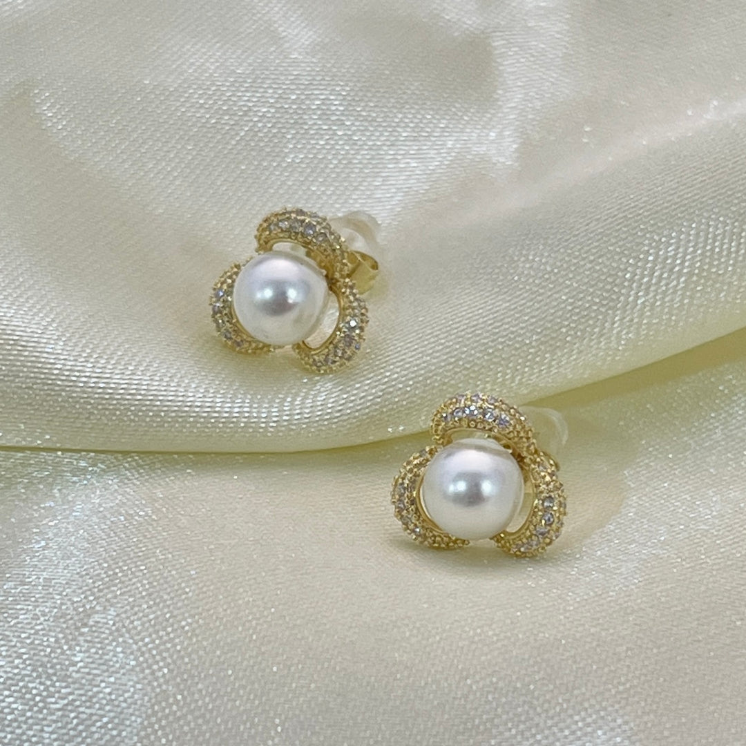 Aretes Acero Flor Dorada con perla