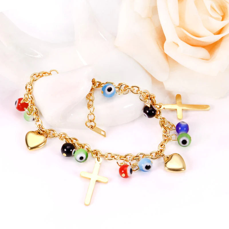 Pulsera Acero Cruz,corazón,ojo turco