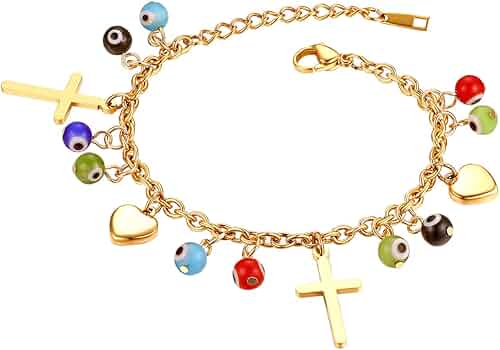 Pulsera Acero Cruz,corazón,ojo turco