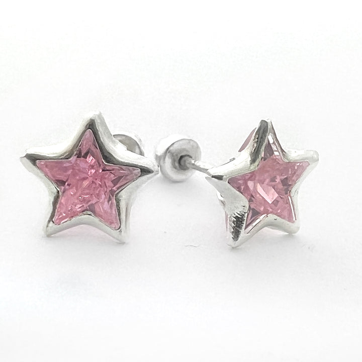 Aretes Estrella Bicel Rosado 6MM Plata