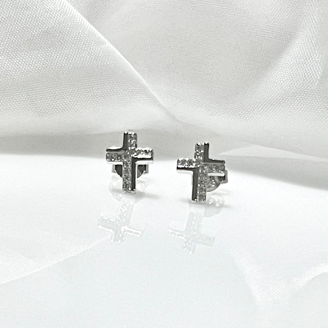 Aretes Plata Cruz Brillo  10MM | Nicola Joyería 