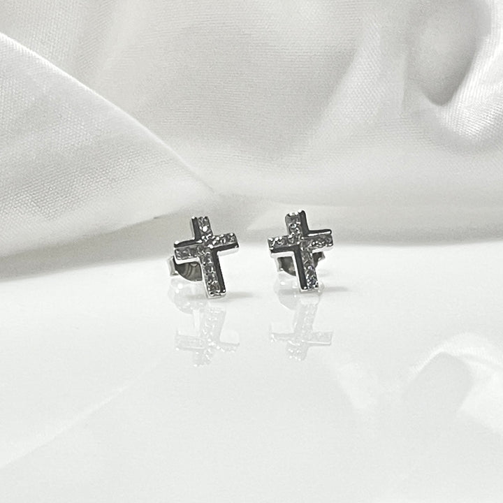 Aretes Plata Cruz Brillo  10MM | Nicola Joyería 