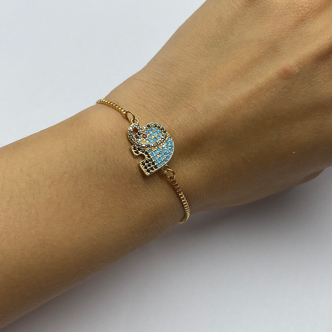 Pulsera Acero 🐘 Elefante Celeste Dorado