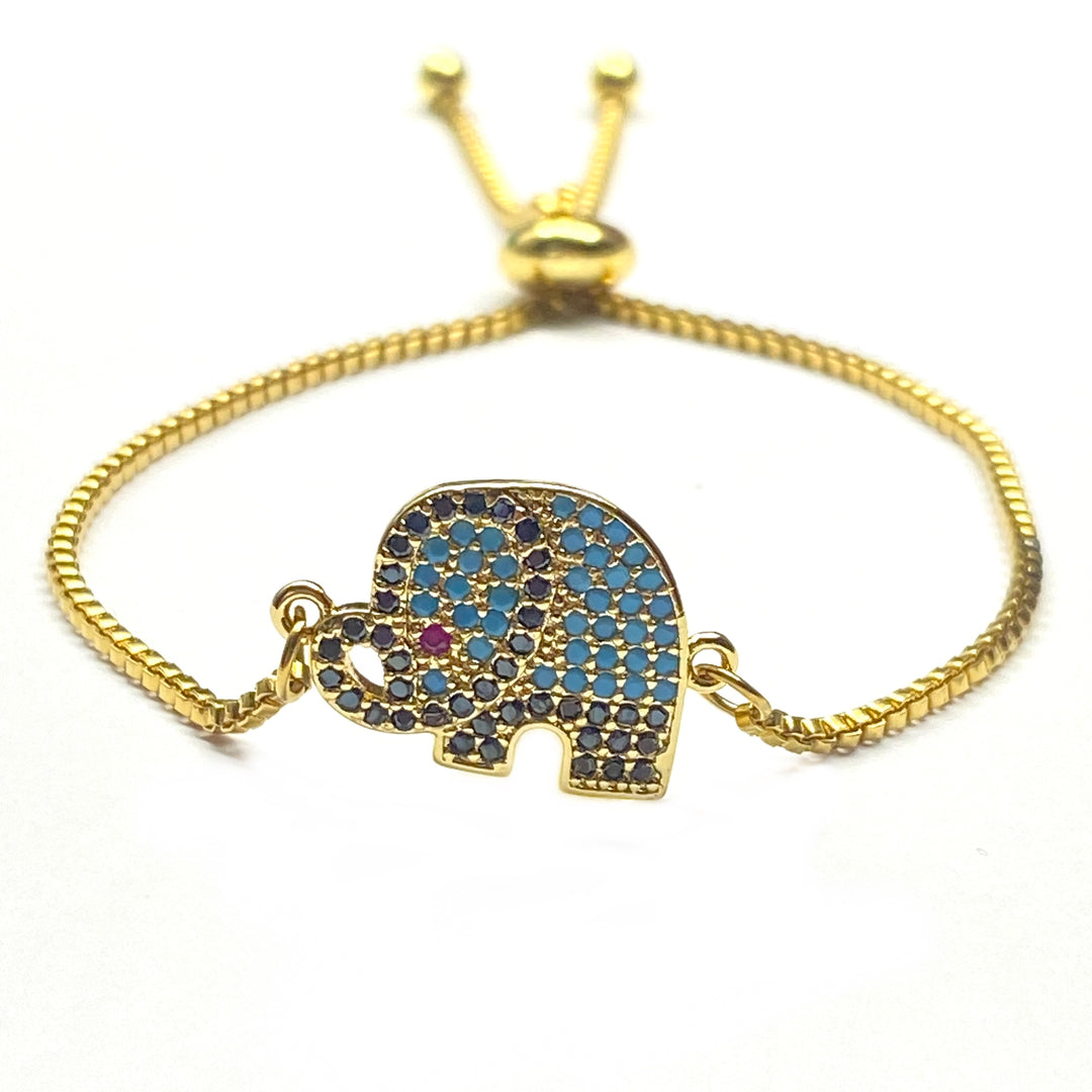 Pulsera Acero 🐘 Elefante Celeste Dorado