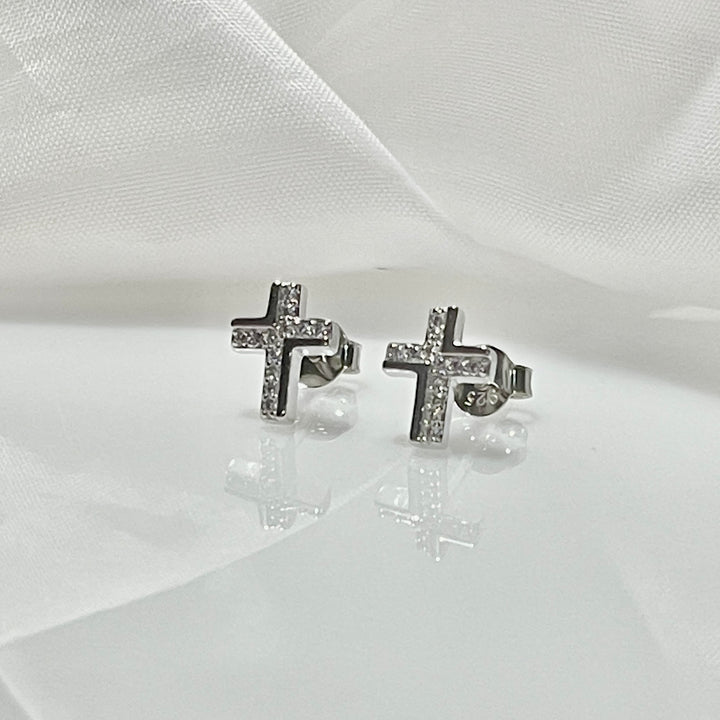 Aretes Plata Cruz Brillo  10MM